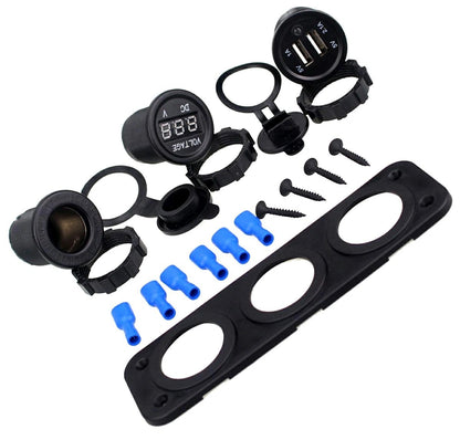 Montuojamas 12 V maitinimo lizdų skydelis su 2 USB jungtimis ir voltmetru