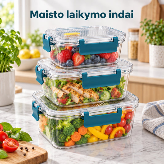 Plastikinių maisto laikymo indų rinkinys su sandariais dangčiais (3 vnt.)