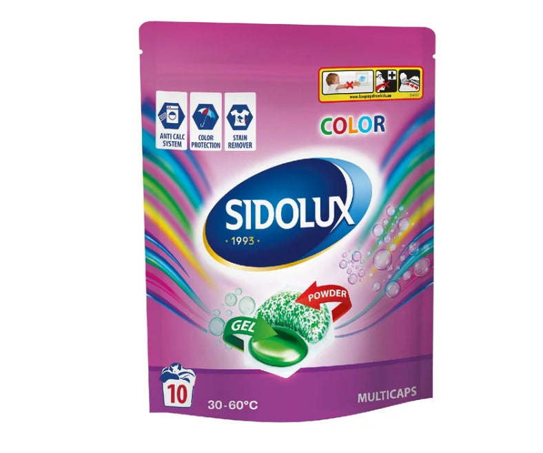 SIDOLUX COLOR skalbimo kapsulės spalvotiems audiniams, 10 vnt. Dėžėje 12 pakuočių.
