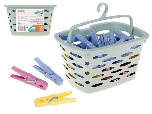 Krepšelis su STRONG skalbinių segtukais, 40 vnt., 17 × 13 × 9,5 cm, 01072, SIMPLE SOLUTION