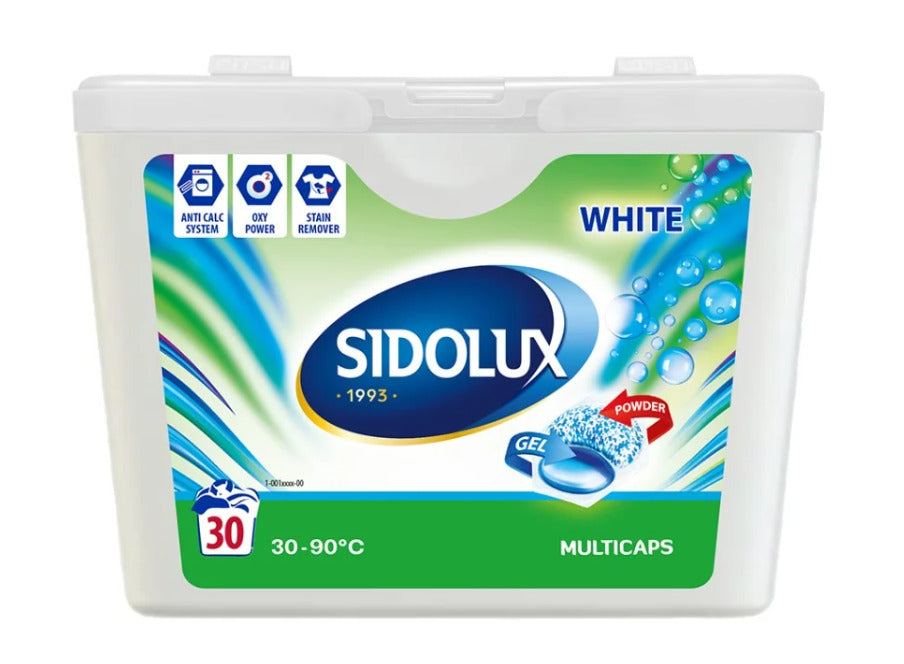 SIDOLUX MULTICAPS skalbimo kapsulės baltiems audiniams, 30 vnt. Dėžėje 16 pakuočių.