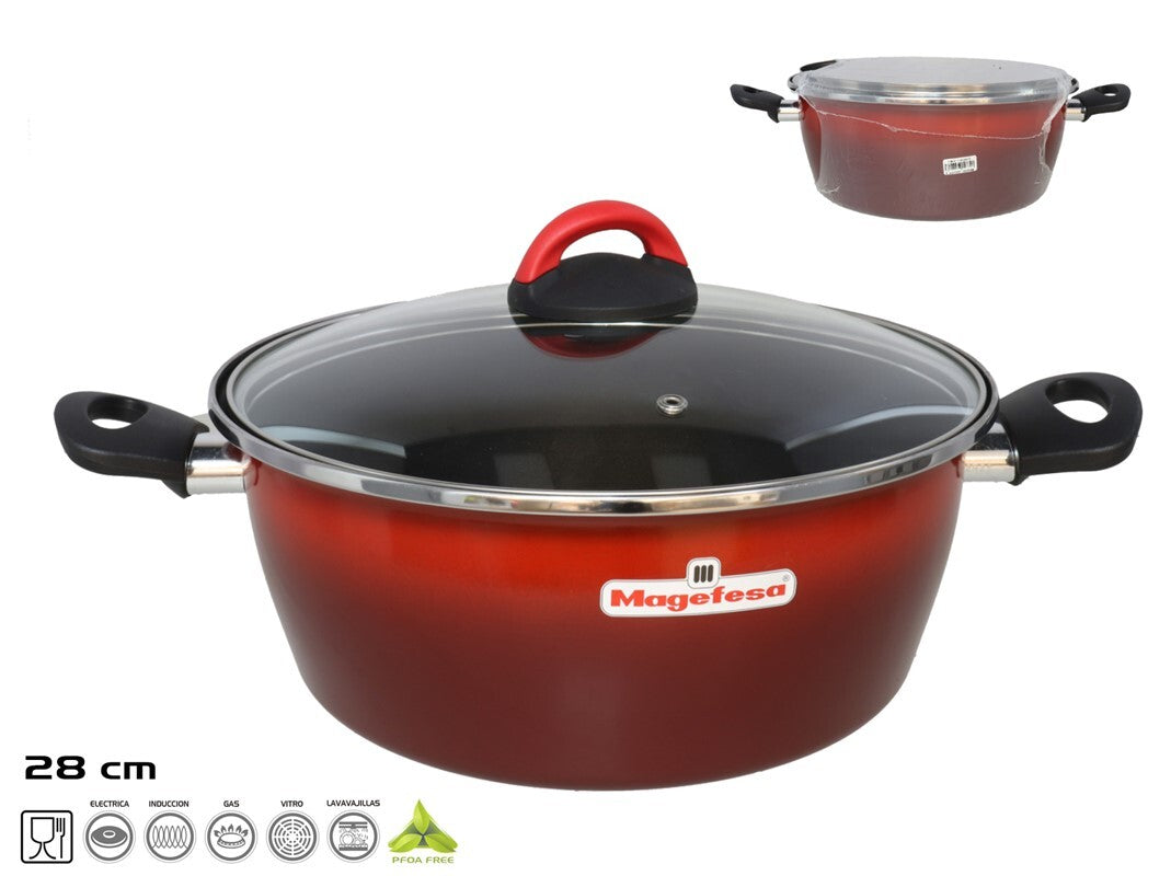 Puodas su stikliniu dangčiu, 28 cm, ~4,5 l, Rosso, 28,00 x 42,50 x 18,00 cm, Magefesa