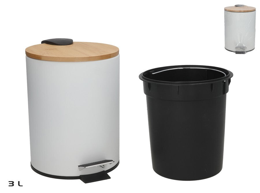 Šiukšliadėžė su bambuko dangčiu ir pedalu, 3 l, balta, 21.00 x 17.00 x 23.00, BATH&GO