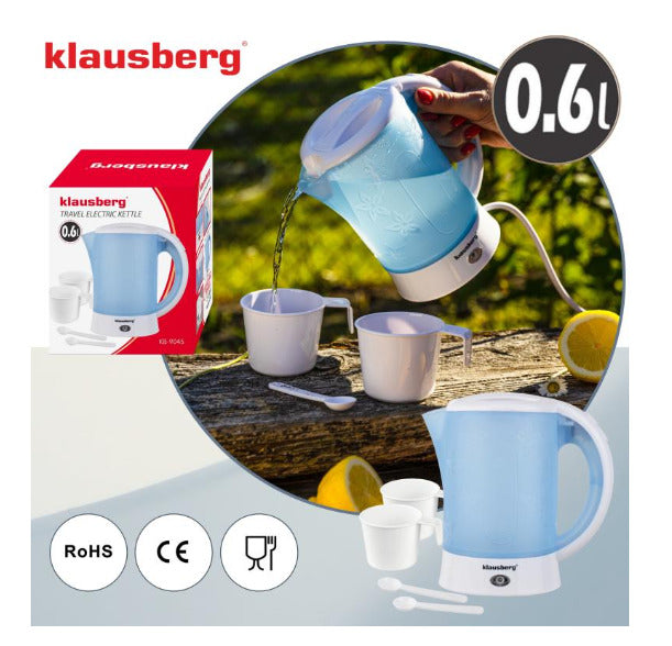 Elektrinis kelioninis virdulys, 0.6L, 650W, 2 puodeliai + 2 arbatiniai šaukšteliai, KB 9045, Klausbe