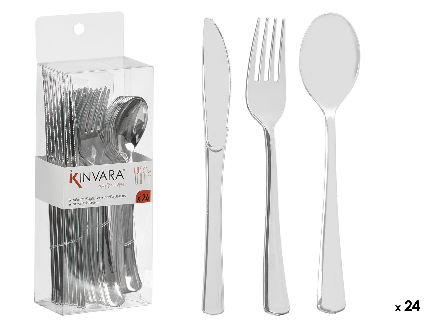 24 sidabrinių plastikinių stalo įrankių rinkinys, 24×8.2×5 cm, 10683, Kinvara