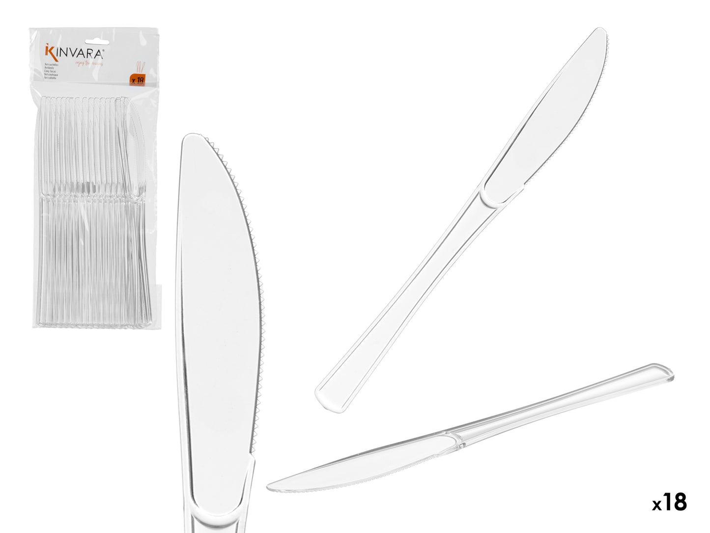 18 skaidrių plastikinių peilių rinkinys, 25.5×11×1 cm, 10675, Kinvara