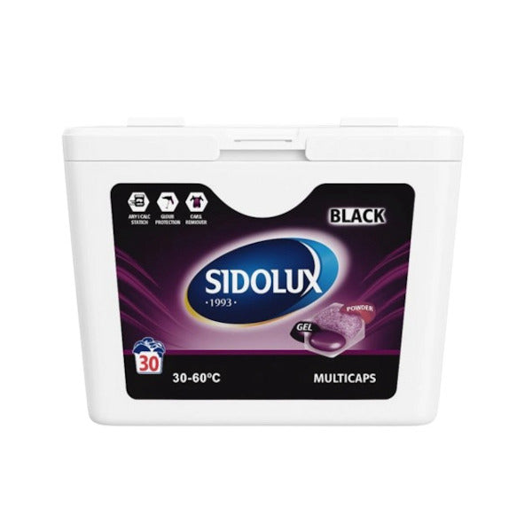 SIDOLUX MULTICAPS skalbimo kapsulės juodiems audiniams, 30 vnt. Dėžėje 16 pakuočių.