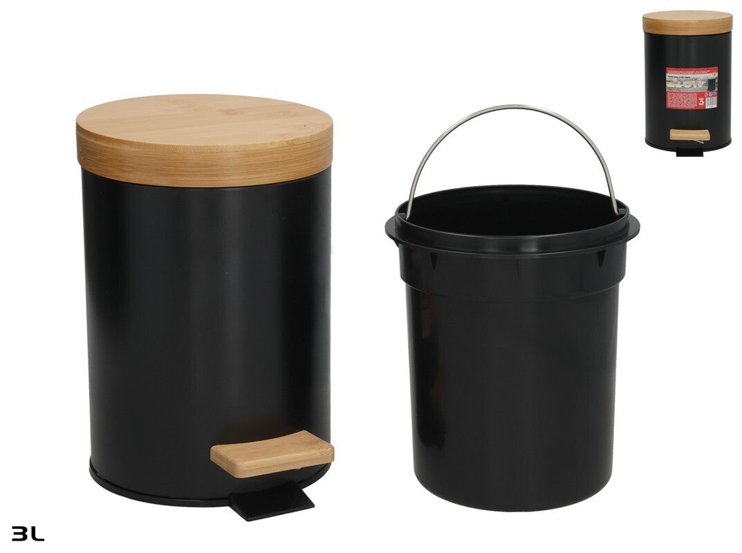 Šiukšliadėžė su bambuko dangčiu, 3 l, juoda, 23.00 x 17.00 x 24.50