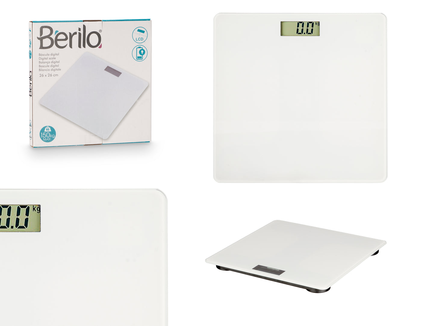 Skaitmeninės svarstyklės, baltos, 2×AAA, maks. svoris 150 kg, 10764, Berilo