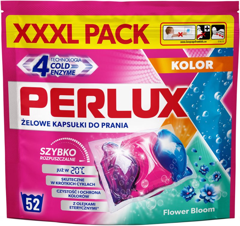 PERLUX skalbimo kapsulės spalvotiems audiniams, 52 vnt., minkšta pakuotė. Dėžėje 5 pakuotės.