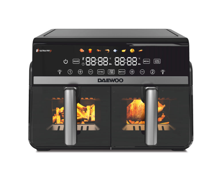 Daewoo DAF 2X1100 LRB dviguba karšto oro gruzdintuvė, 1100 W + 1100 W, LED ekranas, 5 l + 5 l talpa