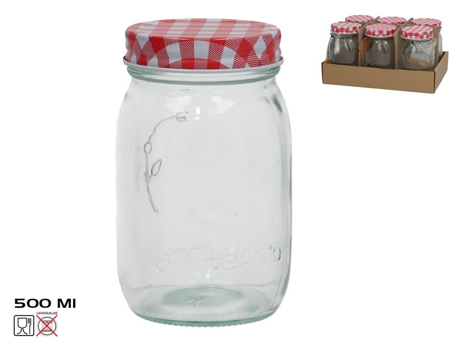 Stiklinis indas su languotu dangteliu 500 ml raudonas, 7,5x7,5x13 cm, KITCHEN&GO
