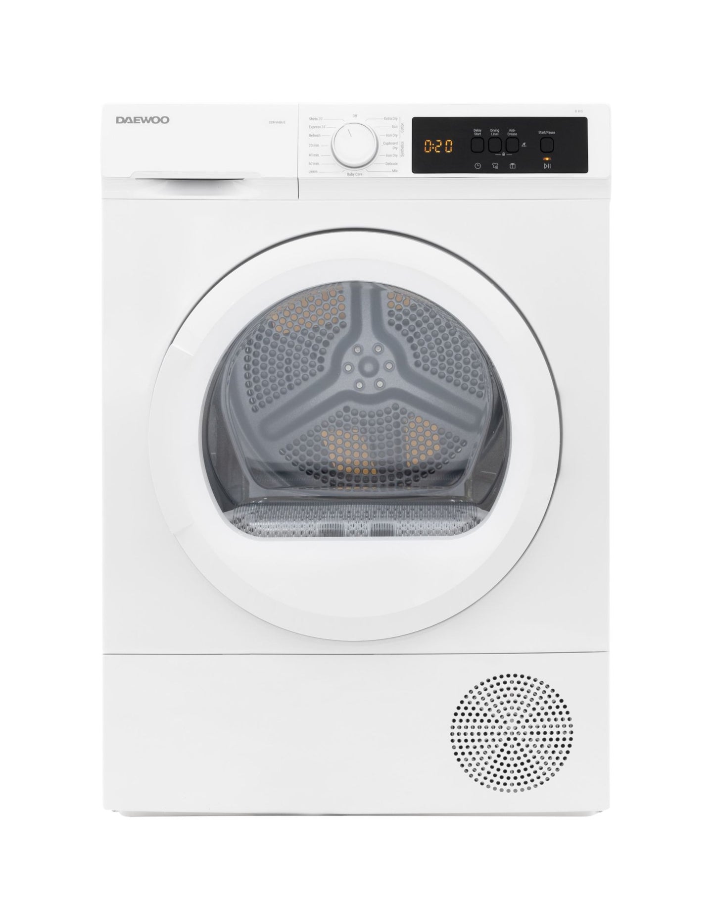 Daewoo DDR VH8A/E džiovyklė, šilumos siurblys, 8 kg, nerūdijančio plieno talpa, stiklinės durelės, E