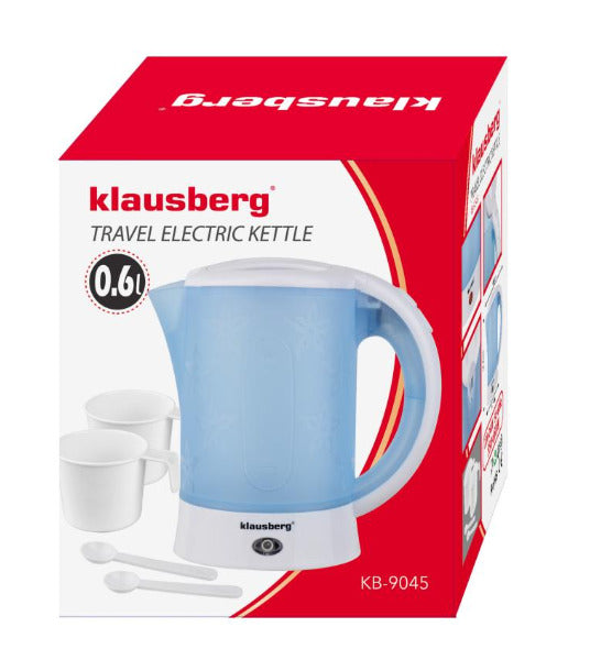 Elektrinis kelioninis virdulys, 0.6L, 650W, 2 puodeliai + 2 arbatiniai šaukšteliai, KB 9045, Klausbe