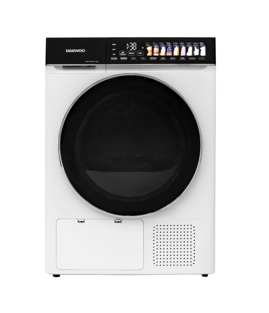 Daewoo DDR HS9E“ džiovyklė, 9 kg, šilumos siurblys, jutikliniai mygtukai, juodas valdymo skydelis su