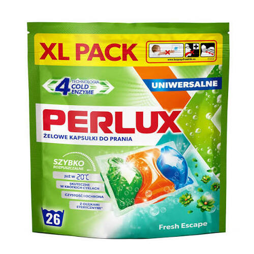 PERLUX universalios skalbimo kapsulės, 26 vnt., minkšta pakuotė. Dėžėje 6 pakuotės.