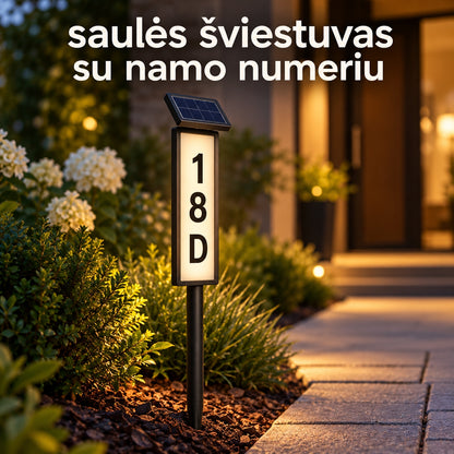 Saulės šviestuvas su namo numeriu