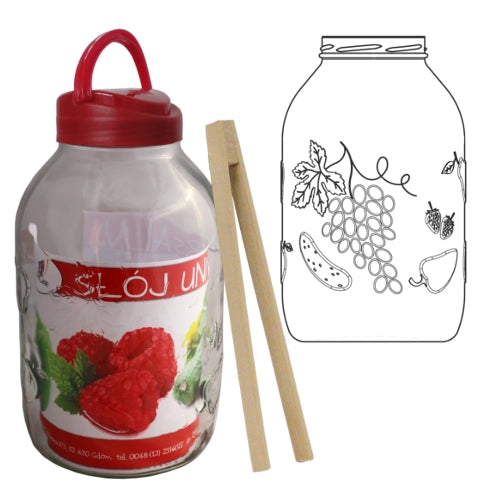 Stiklainis 5 L su plastikiniu dangteliu ir žnyplėmis