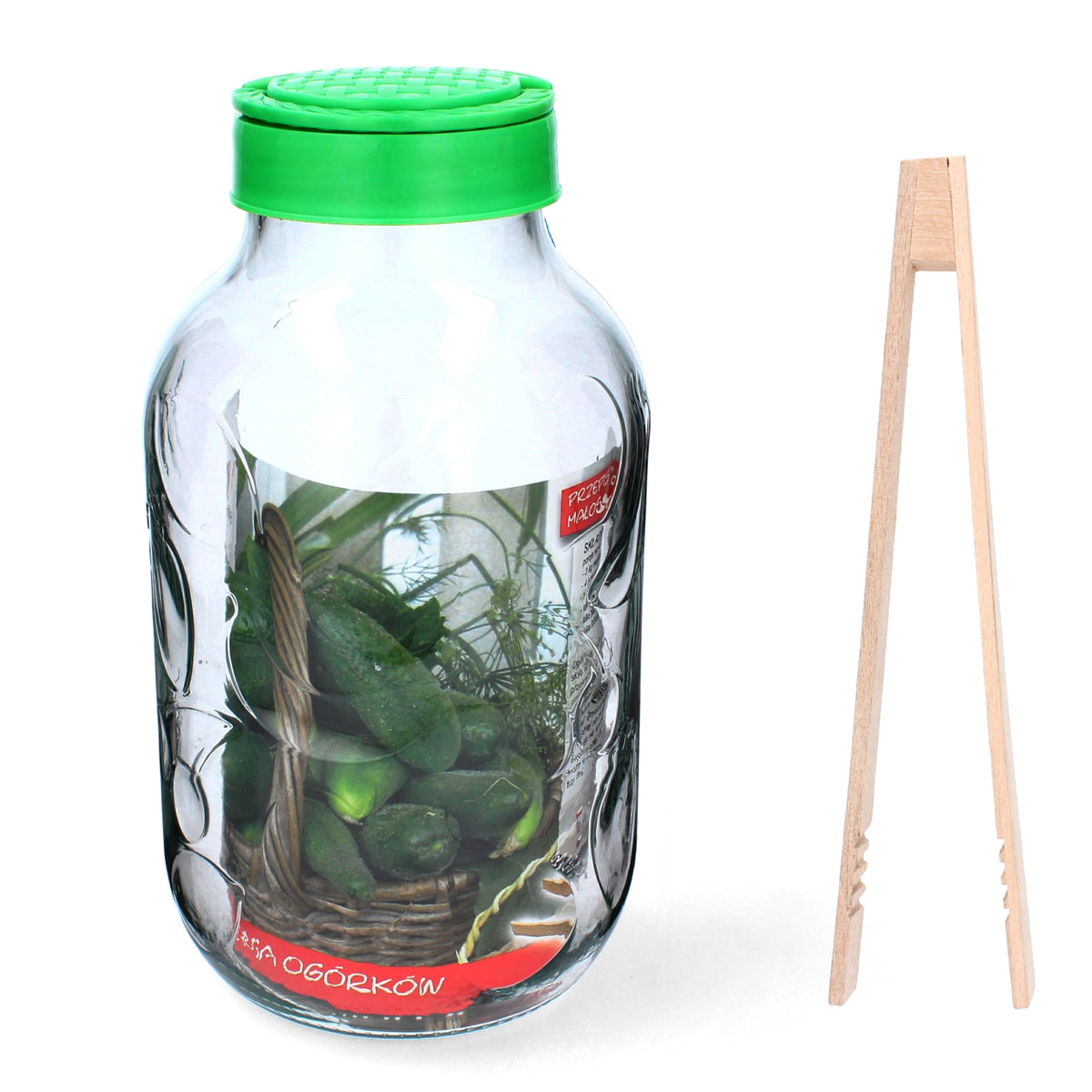 Stiklainis 5 L su plastikiniu dangteliu ir žnyplėmis